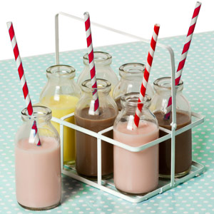 6 School Milk Bottles In Crate with Red Striped Paper Straws 3.5oz / 100ml