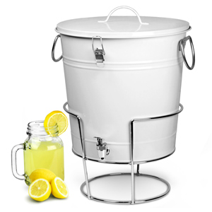 White Enamel Bucket Drinks Dispenser with Stand 17.5ltr