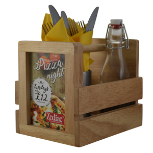 Wooden Condiment Caddy with Menu and Sign Holder	