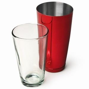 Professional Boston Cocktail Shaker Red Tin and Glass Set