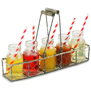 Parlane Wire Basket with 5 Bottles with Red Striped Paper Straws
