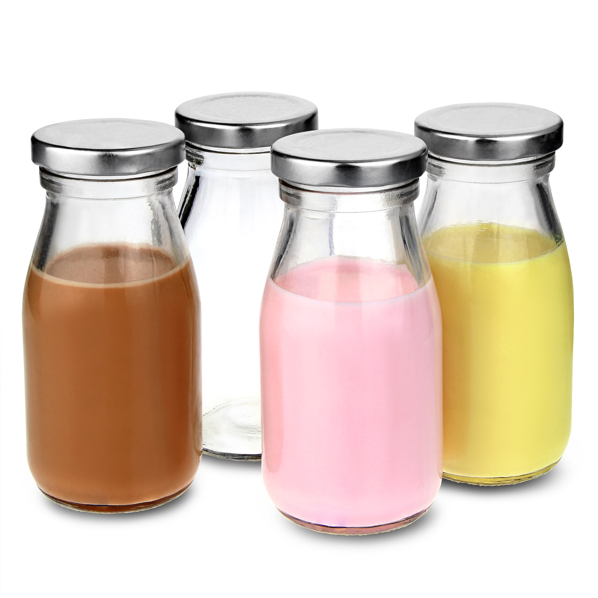Estilo Dairy Reusable Glass Milk Bottles with Straws and Metal Screw on Lids